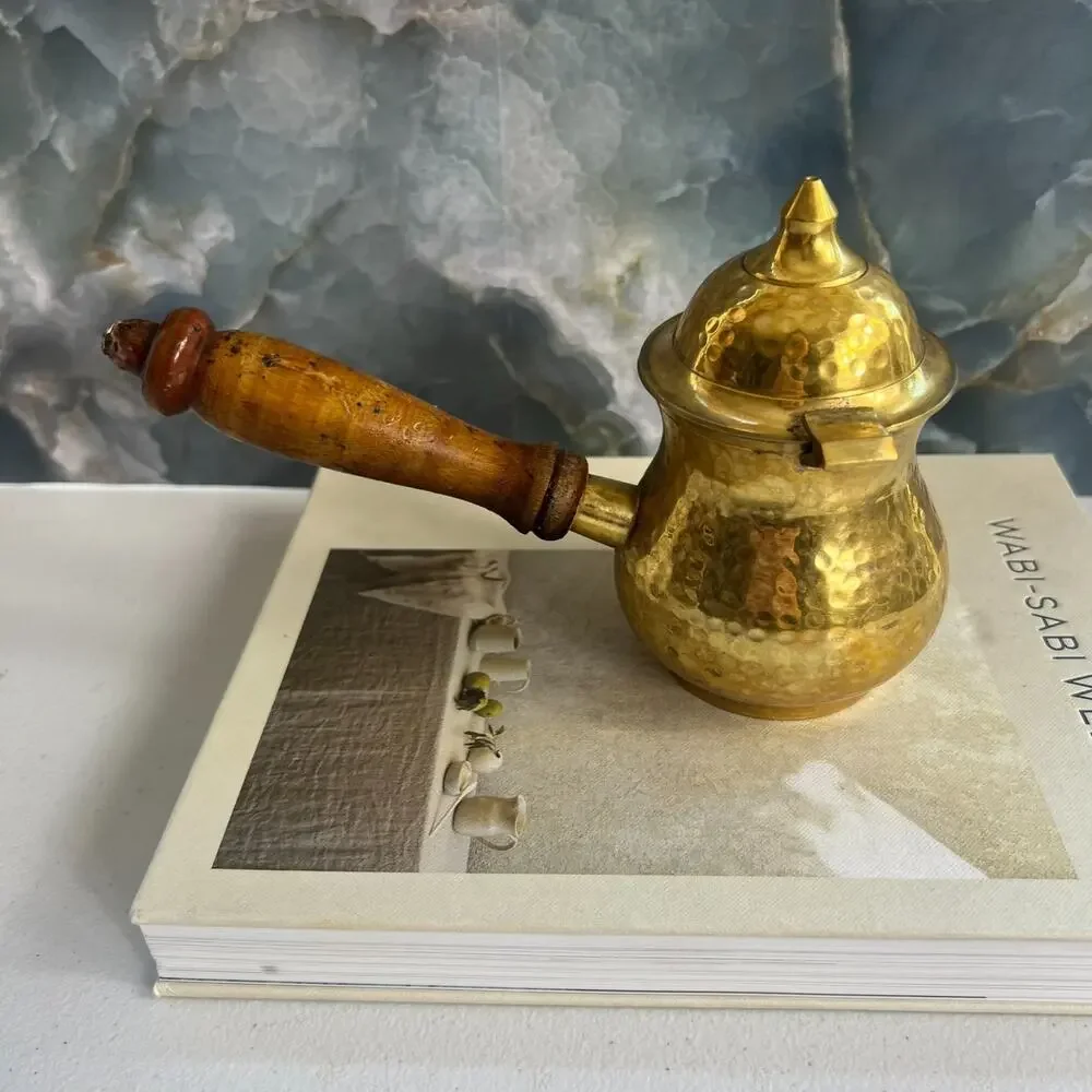 Alpine Cuisine Coffee Pot Wood Handle Aramco Imports Hammered Brass
